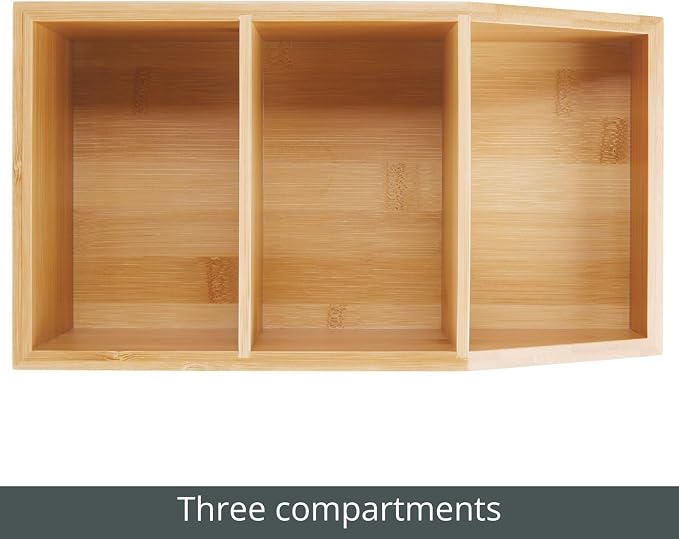 mDesign Bamboo Wood Compact Bathroom Storage Organizer Bin Box - 3 Divided Sections - Cabinets, Shelves, Countertops, Bedroom, Kitchen, Laundry Room, Closet, Garage - Natural/Tan