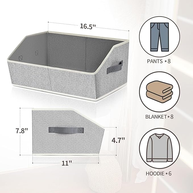Homsorout Trapezoid Closet Shelf Organizer - Large Baskets for Organizing, Storage Baskets for Shelves, Cubbies Storage Bins for Clothes, Books, Blankets, 4 Pack, Light Gray