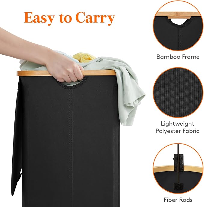 Lifewit 150L Double Laundry Hamper with Lid, Large Laundry Basket with Removable Bag & Bamboo Handles, Fodable Tall Dirty Clothes Hamper for Laundry Collapsible Bin for Bathroom Bedroom Dorm, Black