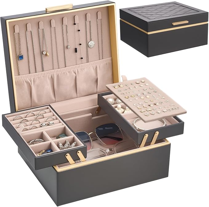 Lolalet Jewelry Box Organizer for Women Girls, 2 Layer Jewelry Organizers and Storage for Necklace Earrings Rings Bracelets, Large Jewellery Holder Case Birthday Gifts -Charcoal gray