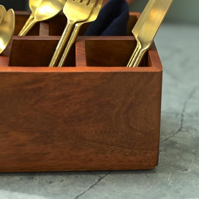 Brick Brown Premium Handcrafted Wooden Spoon stand for kitchen | cutlery holder for dining table | wooden caddy storage organiser stand with 5 section Mahogany Finish(8.75x6x4.5 inch)