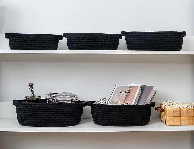 CubesLand Small Storage Basket Cotton Rope Organizer Baskets for Shelves | Set of 5 Decorative Closet Storage Bins with Handle for Countertop, Toilet Paper Basket for Toilet Tank Top, Black Basket