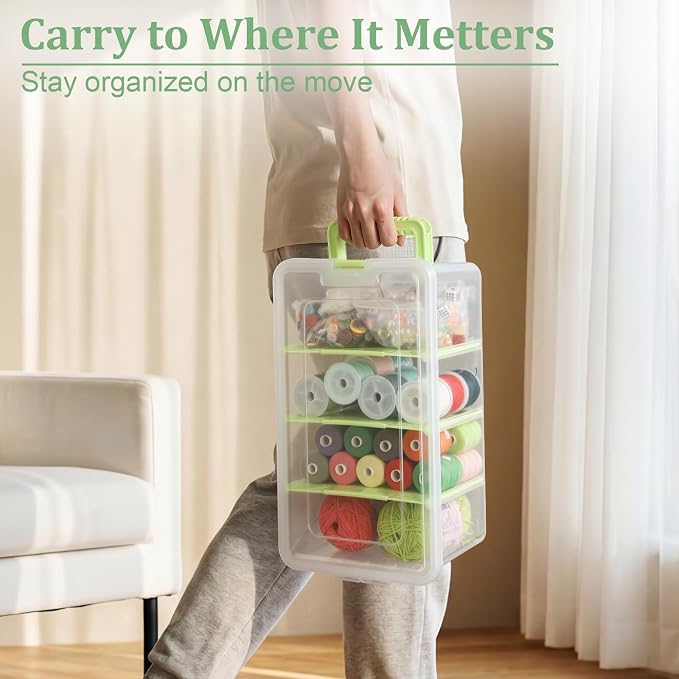 BTSKY Clear Plastic Dividing Storage Box with 4 Deep Compartments Adjustable Storage Bin with Lid Portable Craft Container Multipurpose Sewing Box Art Supply Organizer, 13.9x7.9x6.2 Inches, Green