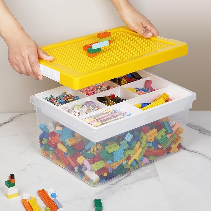 Plastic Storage Bins with Lids - 1 Set Stackable Arts Crafts Organizer Box with Removable Divided Tray &Compatible Building Baseplate,Toy Chest Containers for Bricks-Yellow(14.37"x9.64"x6.69")