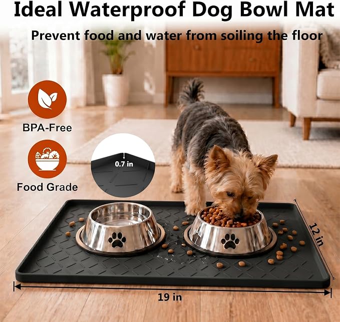 MateeyLife Silicone Mat Waterproof 12"X19", Ideal for Dog and Cat Food Mat, Dog Bowl Mats for Food and Water, Pet Placemat with Lip for Messy Drinkers to Protect Floor, Classic Black