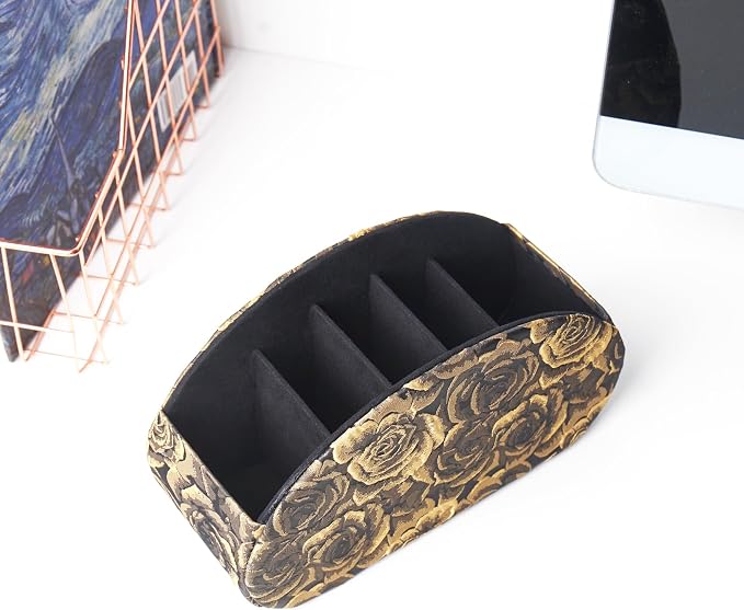 Remote Control Holder, PU Leather Remote Caddy Desktop Organizer with 5 Spacious Compartments for TV Remotes/Media Controllers/Office Supplies (1-3D Rose Yellow