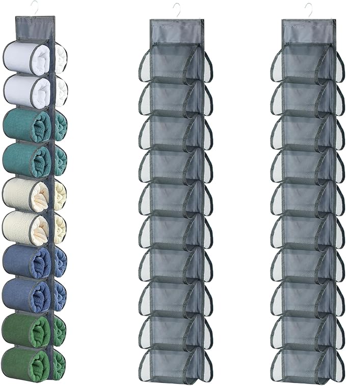 2-Pack Hanging Storage Legging Organizer for Wardrobe, Grey | Hang on closet rod, behind door, or wall. 20 Pockets, leggings jeans, scarves. Space-saving for bedroom, dorm,apartment