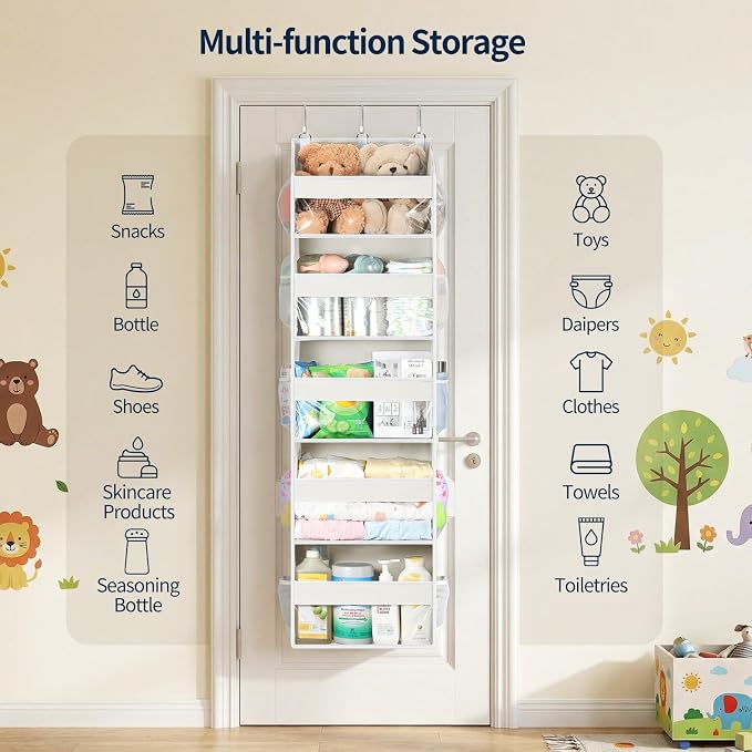 Yecaye 5 Tier Clear Over the Door Organizer Hanging, 5 Large Plastic Pockets and 10 Side Pockets Back of Door Organizer, 56lbs Weight Capacity Behind the Door Storage for Nursery, Ivory White