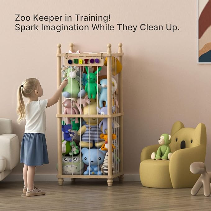 Stuffed Animal Storage Zoo, 40" Tall Solid Pine Wood Toy Organizer with Exclusive 3D Sign, Large Vertical Plushie Cage Holder with Elastic Cords for Playroom Corner & Nursery Decor L