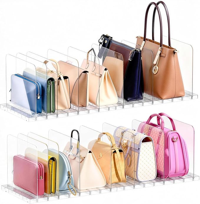 PAVSTINE Purse Organizer for Closet, Stackable Handbag Storage Shelf, Adjustable Clear Shelf Dividers, Keep Clutch, Bag, Pocketbook Upright, for Bedroom (Clear)