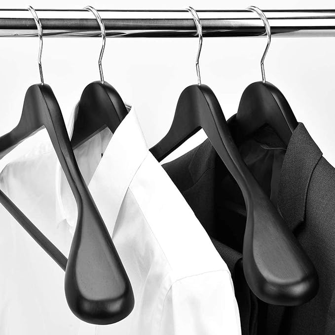 JS Hanger Wooden Suit Hangers, 6 Pack Extra-Wide Shoulder Wood Coat Hangers with Non Slip Pant Bar, Extra Smooth and Splinter Free Black Finish