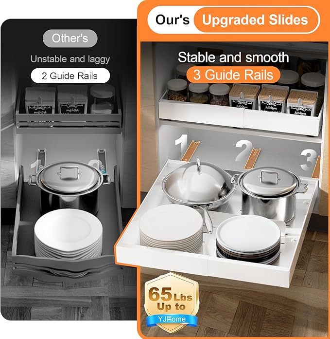 YJHome 2 Pack Pull Out Cabinet Organizer, No Drill Expandable Width 12"-20" & 21" Depth, Adhesive or Screw-In Installation, Magnetic Divider for Custom Storage, for Kitchen Pantry Bathroom Cabinet