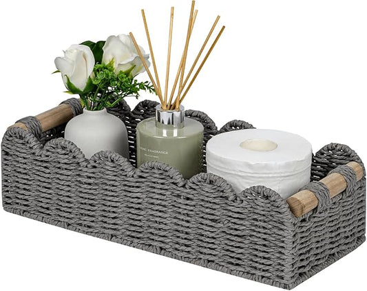 CubesLand Scalloped Edge Toilet Paper Storage Basket, Living Room Home Cozy Decor Basket, Paper Rope Small Baskets for Over Toilet Storage Shelf, End Table, Shelves, with 2 Wooden Handles, Grey