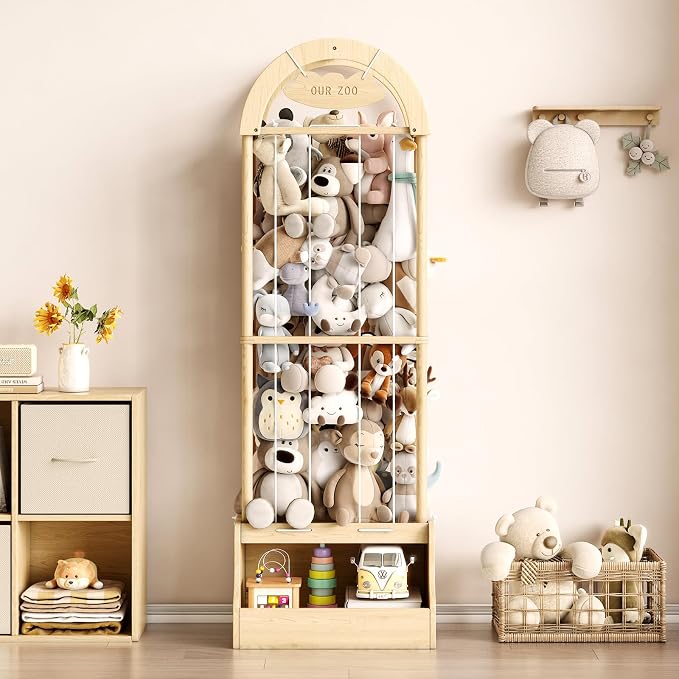 Arched Stuffed Animal Storage Organizer, Wooden Stuffed Animal Zoo Holds 50+ Plush Toys, FSC Pine Wood Plush Toy Holder with Thick Elastic Cords, Open Bottom Cubby for Kids Room Nursery Playroom