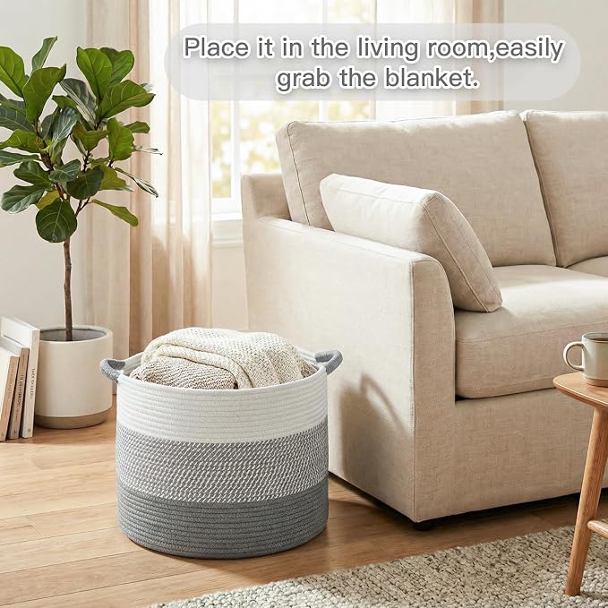 Artfeel 70L Large Cotton Rope Basket, Decorative Woven Blanket Storage for Living Room, Boho Toy Storage & Toy Box for Kids, Versatile Laundry Basket & Nursery Hamper for Blankets(Grey)