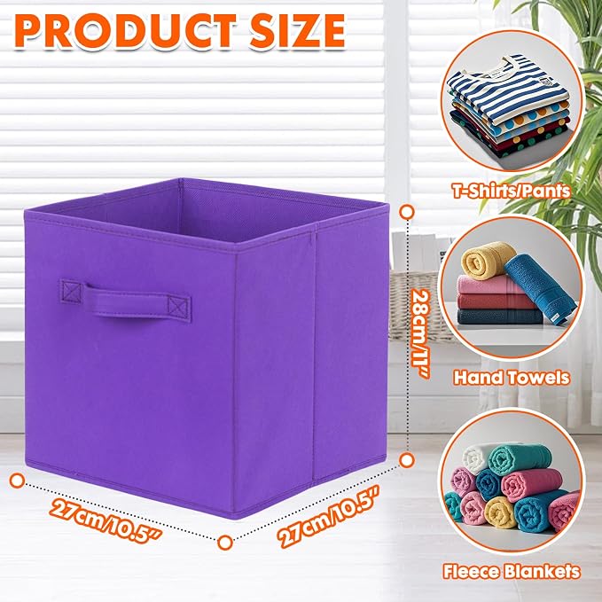 PowerKing Collapsible Storage Cubes with Handles, Fabric Foldable Bins for Closet Shelves, Durable Organization Storage Bins, 10.5'' x 11'' x 10.5'' (6Pack, Violet)
