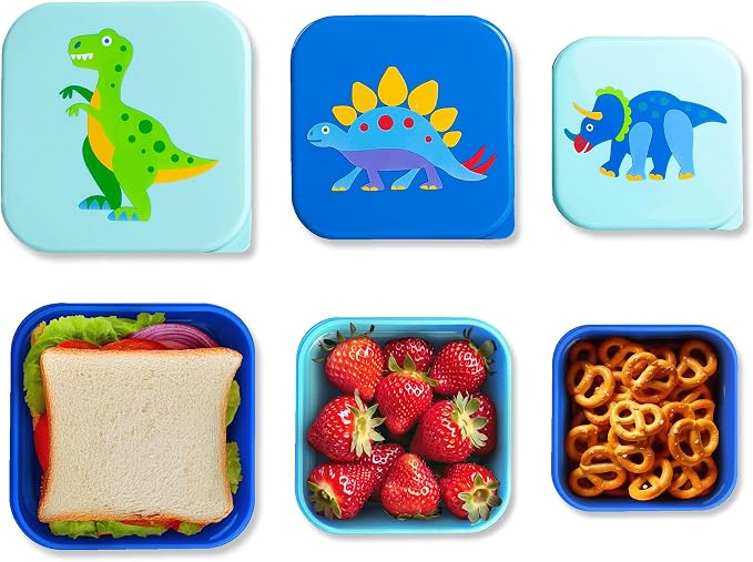 Wildkin Set of 3 Kids Nesting Food Containers for Boys – Stackable, Airtight & BPA-Free Snack Containers, Dishwasher Safe Lunch Box Containers for School & Travel, Ages 3–12 – Dinosaur Land