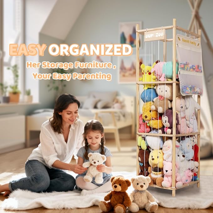 Stuffed Animal Storage Organizer, Large Wooden Zoo Toy Holder with Pockets, Plushie, Stuffy,Toy Storage for Kids Room, Playroom, Bedroom(Natural Large)