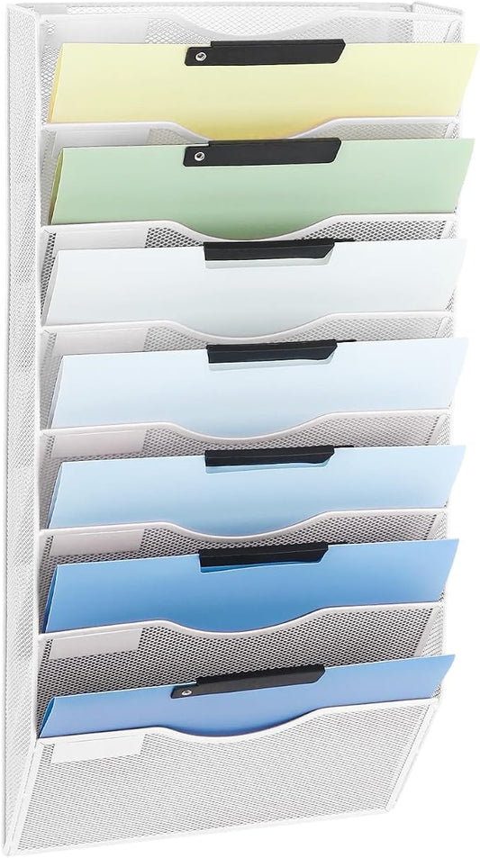 EASEPRES 8 Pocket Mesh Hanging Wall File Organizer, Wall Mounted Mail Paper Document Folder Holder, Clipboard Storage Organization Magazine Rack with Nametag Label for Office Home School, White