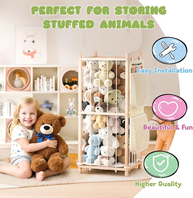 Stuffed Animal Storage & Organizer, 54 inch Tall Wooden Cute Zoo Toy Holder w/Building Block Storage Bag, Premium Wooden Material with Elastic Cord for Toddler Rooms, Playrooms (Small)