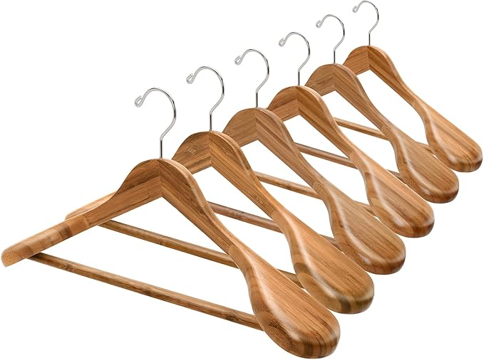 Amber Home 6 Pack Wide Shoulder Bamboo Wood Suit Hangers | Bamboo Wooden Coat Hangers with Non Slip Pants Bar, Clothes Hangers for Jackets, Sweaters, Pants & Heavy Clothes