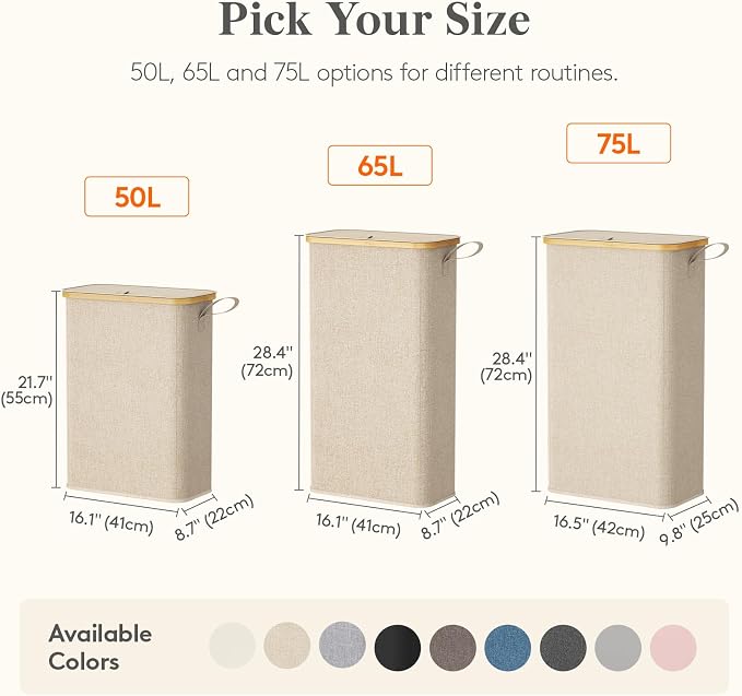 Lifewit 65L Slim Laundry Hamper with Lid, Narrow Laundry Basket with Removable Bag & Bamboo Handles, Fodable Thin Dirty Clothes Hamper for Laundry Collapsible Bin for Bathroom Bedroom Dorm, Beige