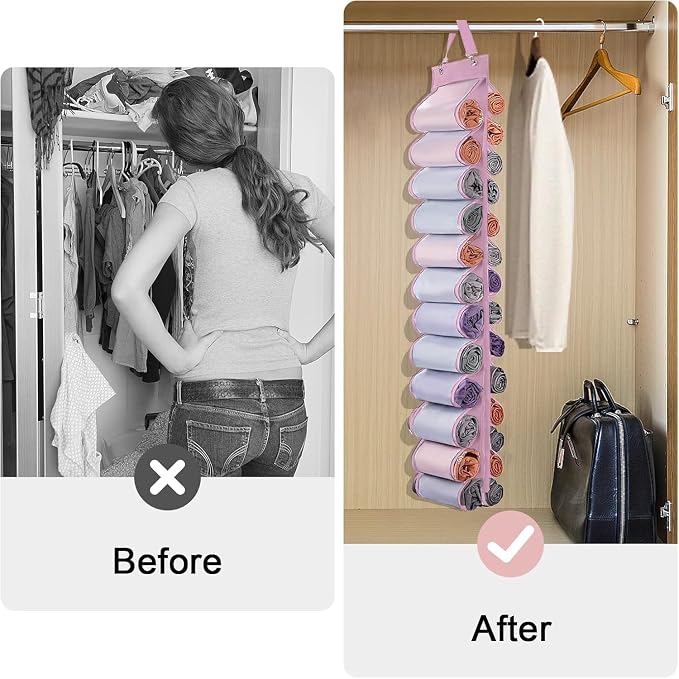 DHSFKBE Legging Organizer Storage, 2PCS T Shirt Organizer, Foldable Hanging Closet Organizer Storage with 26 Roll Independent Compartments for Yoga Pants, Tank Top, Towel, Underwear (Pink)