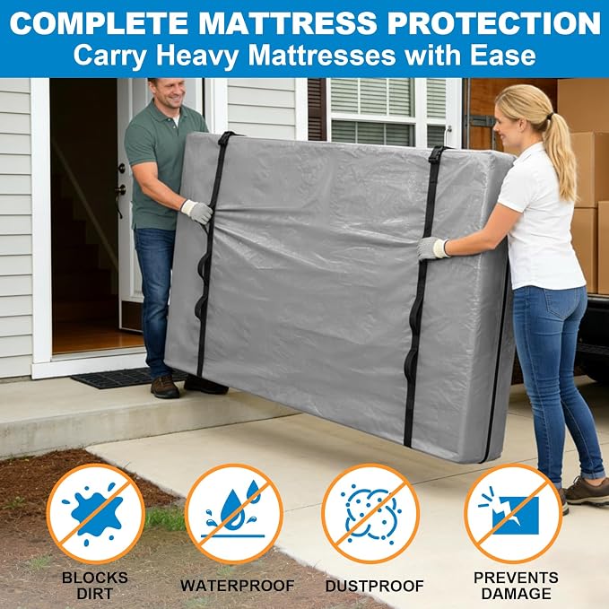TICONN Mattress Bags for Moving, Heavy Duty King Mattress Cover Storage Bag with Full-Around Handle and Adjustable Buckles (Gray, King)