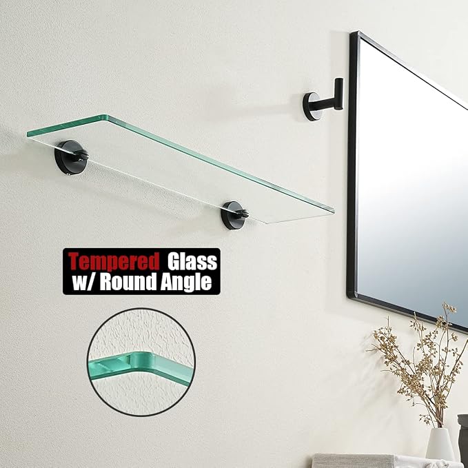 JQK Bathroom Glass Shelf Black, Tempered Glass Shower Storage 20 by 5 inches, 304 Stainless Steel Matte Black Wall Mount, TGS101L20-PB