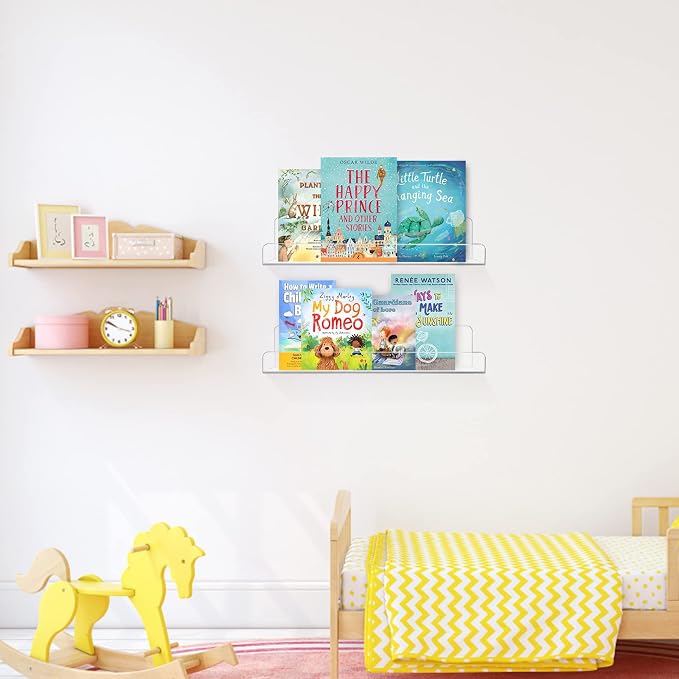 Dezzer Acrylic Floating Shelves, 6 Pack 15" Invisible Shelf Wall Ledge Bookshelf Bedroom Bathroom Kitchen Shelves Book Toys Funko Pop Figures Display Shelves, Clear