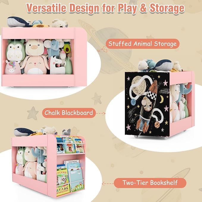 Kids Toy Storage Organizer with Drawing Chalkboard, Toy Storage Box with Stuffed Animal Storage and 2-Tier Kids Bookshelf, Toy Organizer Chest with 360° Wheels for Playroom, Nursery, Bedroom, Pink