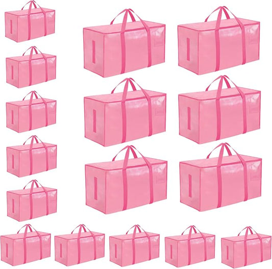 16 Pack-Extra Large Heavy Duty Moving Bags - Waterproof Storage Totes with Handles & Zippers, Foldable for College Dorm, Storage (Pink)