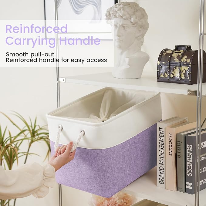 16x12x12 In Foldable Fabric Large Storage Bins with Handle 3 Pack | Storage Basket with Draw String Top, Sturdy Metal Strand, Cardboard Support Molding, for Shelf, Closet, Bedroom, White/Purple