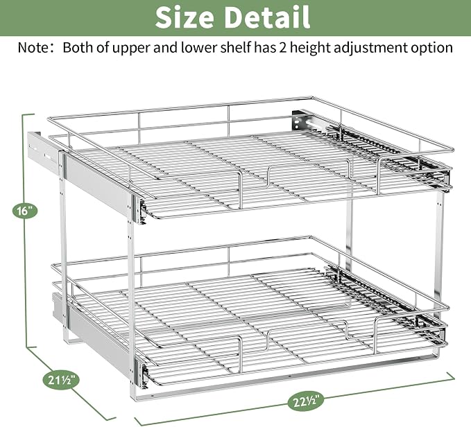ROOMTEC Pull Out Cabinet Organizer (22½"W x 21½"D),2 Tier Pull Out Storage Shelf Drawer Basket,Sliding Shelves for Base Cabinet Organization in Kitchen, Bathroom, Pantry