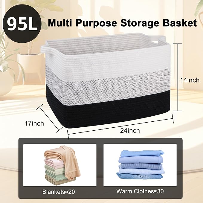 OIAHOMY Extra Large Blanket Basket, 95L Cotton Rope Woven Laundry Basket, Toy Bin for Baby Room, Container for Blanket Storage in Living Room, 24''×17''×14'', Gradient Black