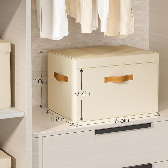 Homsorout Large Storage Bins with Lids - Front Opening Fabric Storage Bins, Flap Closet Organizer with Handles, Collapsible Boxes with Lid, Decorative Basket for Home, Dorm, 2 Pack, Beige