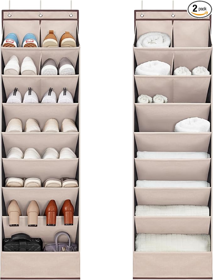2 Pack Shoe Organizer with 6 Extra Large Pockets and 4 Large Pocket, Over the Door Sturdy Closet Storage Rack, Hanging Shoe Organizer for Shoes, Sneakers, Beige
