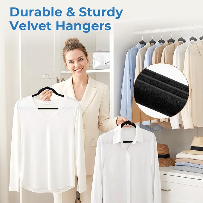 Smartor Black Velvet Hangers 50 Pack, Non Slip Space-Saving Clothes Hangers | Premium Slim Felt Hanger for Closet Organizers and Storage, Heavy Duty Hanger with Shoulder Notches and 360° Hooks for Coats