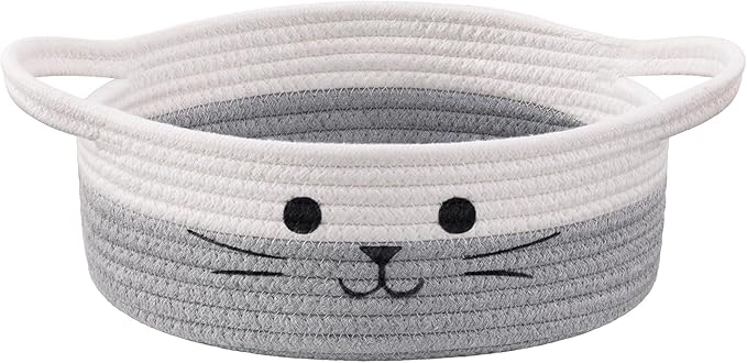Cute Cat Toy Basket, Gift Baskets Empty for Home Decor, Baby Basket for Baby Shower, Small Cotton Rope Baskets for Pets Toys, White & Grey, 9.8 x 4 inches