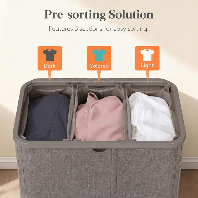 Lifewit 185L 3 Section Laundry Hamper with Lid, Large Laundry Basket with Handles and Removable Bags, Tall Clothes Hamper, Foldable Laundry Sorter for Bedroom Bathroom, Brown