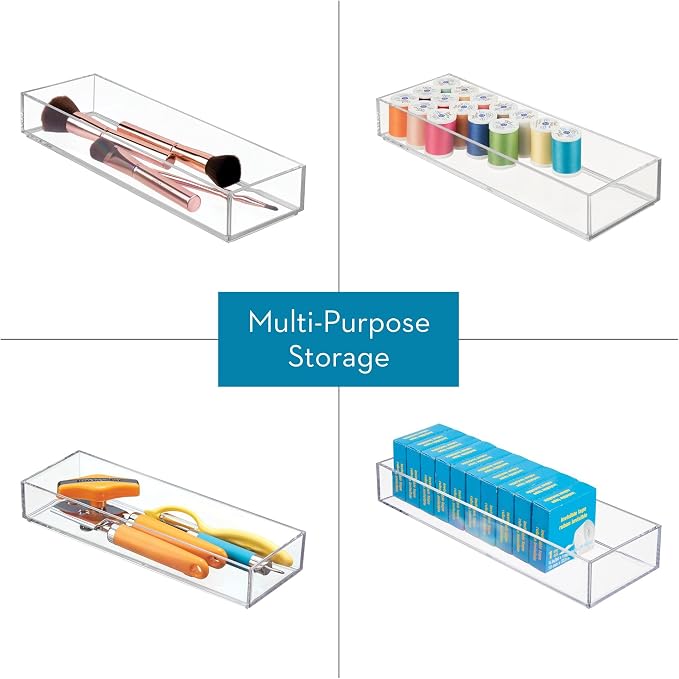 iDesign Plastic Makeup Drawer Organizer Tray, Set of 6, Clear | Vanity Organizer, Desk Drawer Organizer