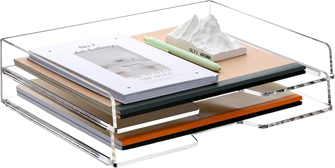 SANRUI 2-Tier Acrylic Paper Tray Organizer, Clear Stackable File Organizer for Desk, Paper Sorter Desk Organizer for Home Office Supplies