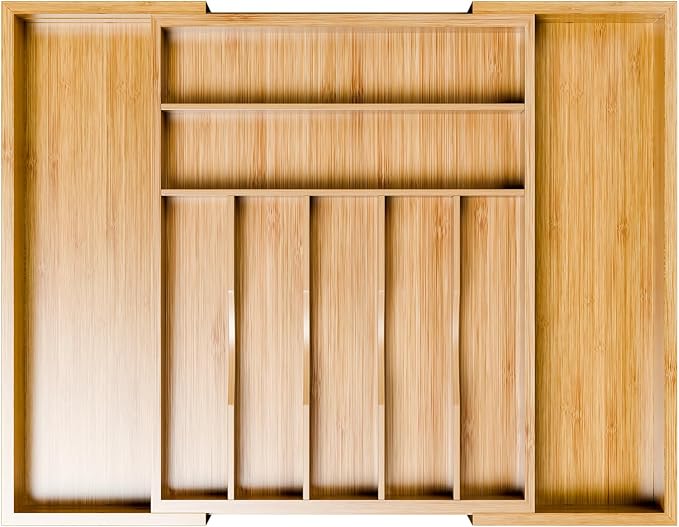 Simple Trending Bamboo Kitchen Drawer Organizer, Expandable Silverware Organizer, Utensil Cutlery Tray for Flatware, Natural