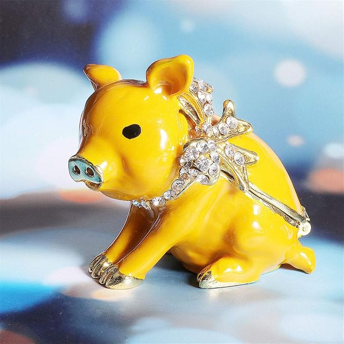 Waltz&F New Golden Pig with Bowknot Handcrafted Pewter Trinket Box Animal figurine Hinged Jewelry Box