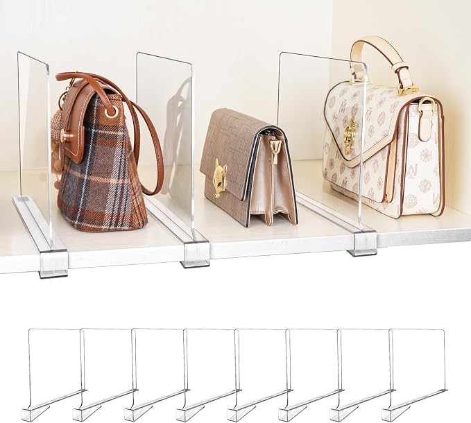 8 Pack Shelf Dividers, Adjustable Shelf Dividers for Closet Organization with Non-Slip Design, Clear Acrylic Shelf Dividers for Clothes, Handbags, Purses, Towels, Bookshelf in Home Organization