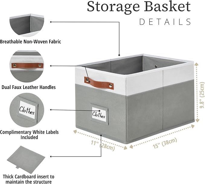 DECOMOMO Storage Bins, Storage Baskets for Shelves (Grey & White) | 4 Pack Fabric Storage Bins, 15" x 11" x 9.9" Foldable Storage Bins with Labels