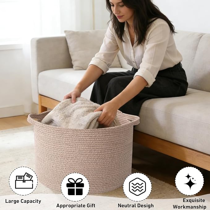115L Large Blanket Basket,23.6" L x 23.6" W x 15.7" H Rope Woven Baskets with Handles, Toys Storage Bins,Laundry Basket Perfect for Living Room, Nursery,Bedroom,Home Organization,Brown