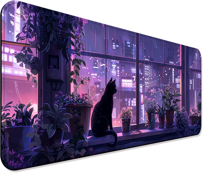 Japanese Anime Cute Cat and Plant Gaming Desk Mat, Computer Keyboard Large Extended Kawaii Animal Mouse Pad for Office and Home, 31.5×11.8 Inches, XL, Purple