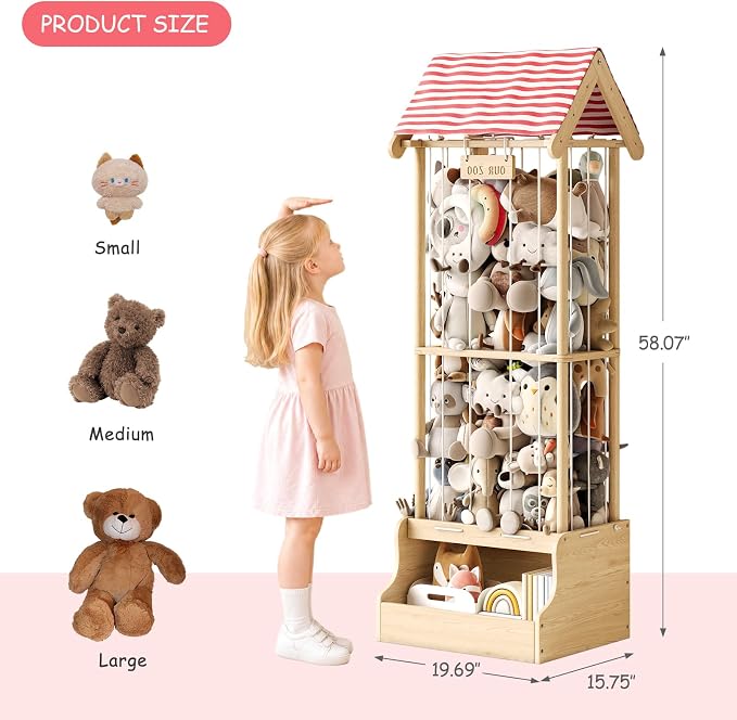 Stuffed Animal Storage, Wooden Stuffed Animal Zoo with Toy Box and Triangular Ceilings, Vertical Stuffed Animal Holder with Thicker Elastic Band, Plushies Storage for Playroom, Nursery, Bedroom