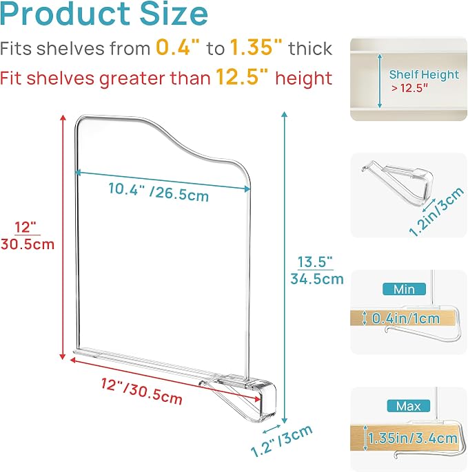 Vtopmart 12" Extra Tall x 12" Deep Shelf Dividers for Closet Organization, 12 Pack Clear Closet Organizers for Deep Shelves, Maximizing Vertical Space for Sweaters, Jeans and Clothes Storage